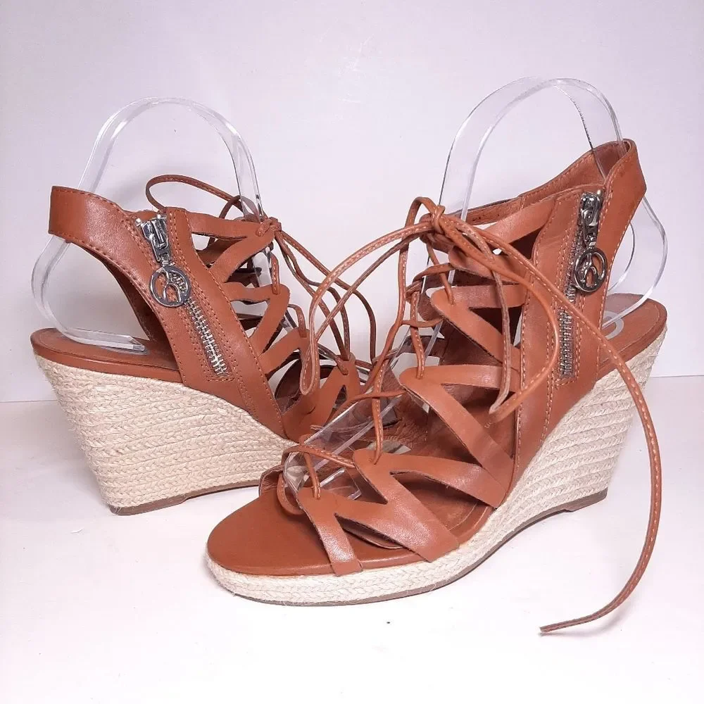 Wishbone Faux Leather Strappy Lace Up Espadrille Wedge Sandals Heels Shoes 7